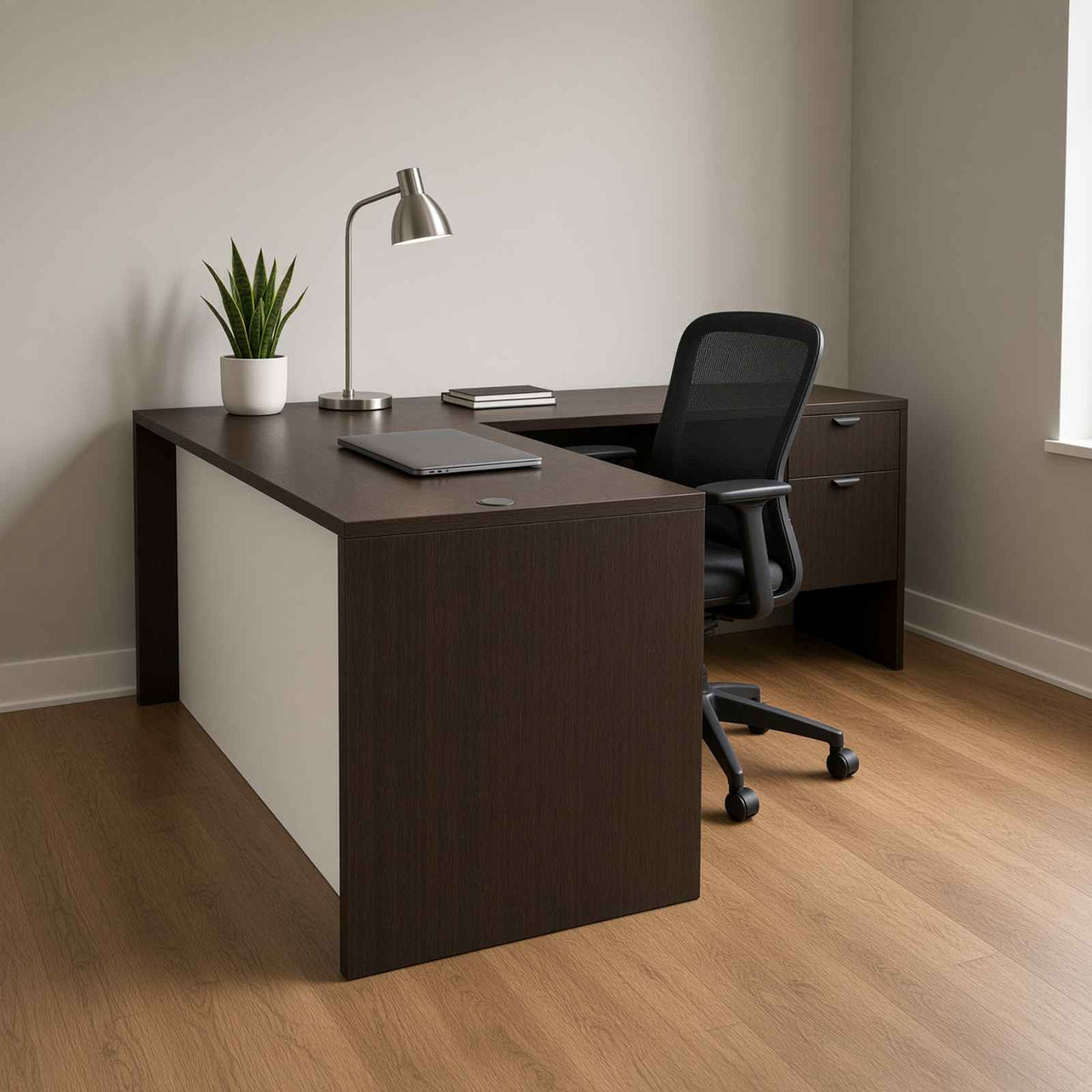 Carmel L-Shaped Desk with White Modesty Panel