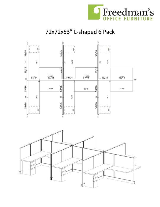 Modern Office Cubicle 6'x6' 6 Pack - Freedman's Office Furniture - Dimensions