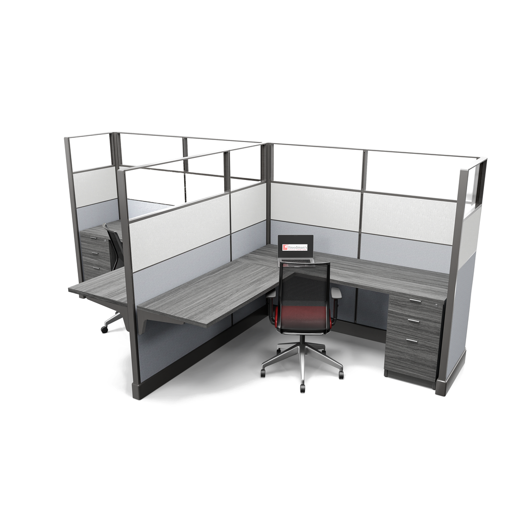 Grey wood grain surfaces and pedestals, upgraded fabric with glass and fabric stackers, 2 station layout