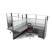 Grey wood grain surfaces and pedestals, upgraded fabric with glass and fabric stackers, 2 station layout