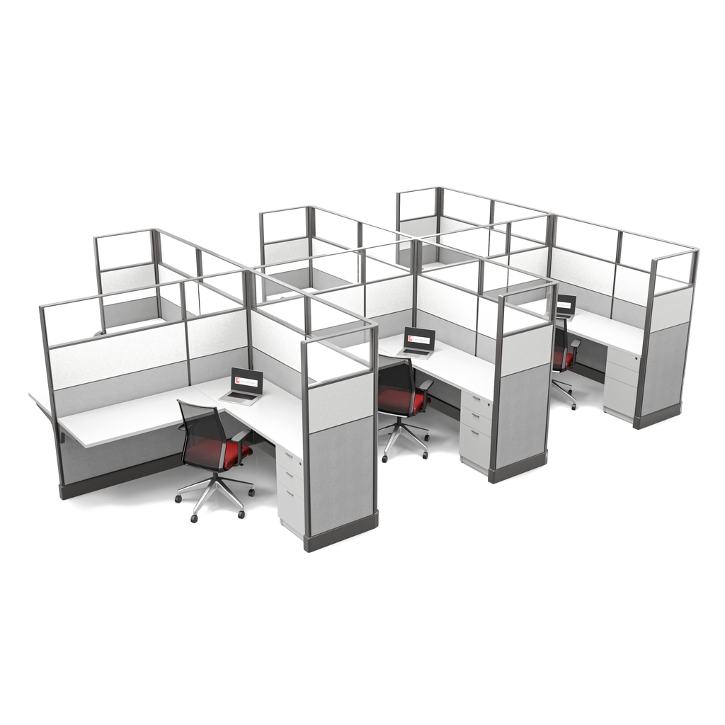 Light laminate surfaces and pedestals, upgraded fabric with glass and fabric stackers, 6 station layout