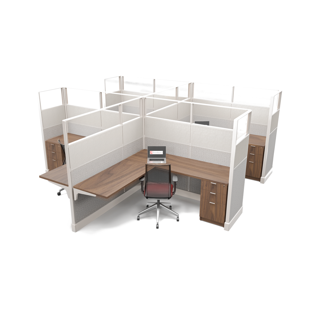 Walnut surfaces and pedestals, upgraded fabric with glass and fabric stackers, 4 station layout
