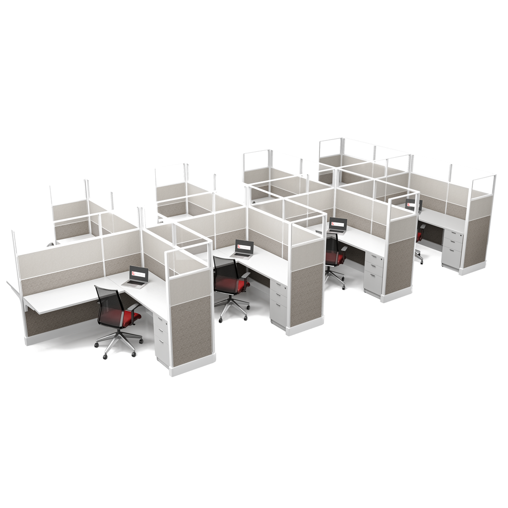 White surfaces and pedestals, glass and fabric stackers, 8 station layout