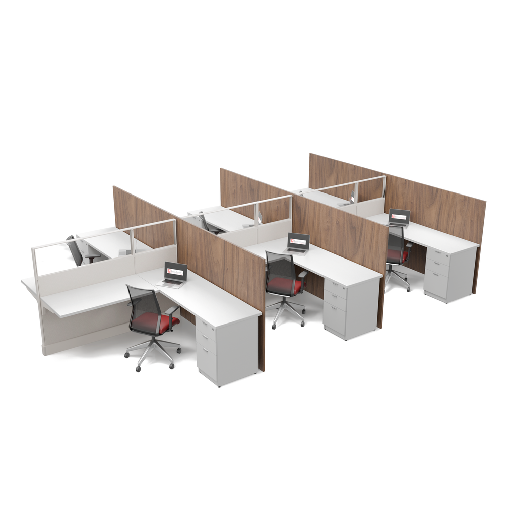 Modern Office Cubicles 6'x6' (53"H) ECO Upgraded Glass and Wood Panels