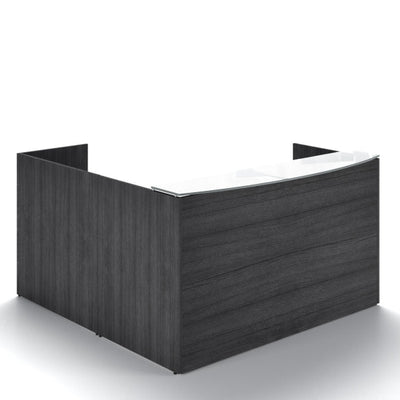 Santa Monica L-Shaped Reception Desk with White Glass Transaction Counter