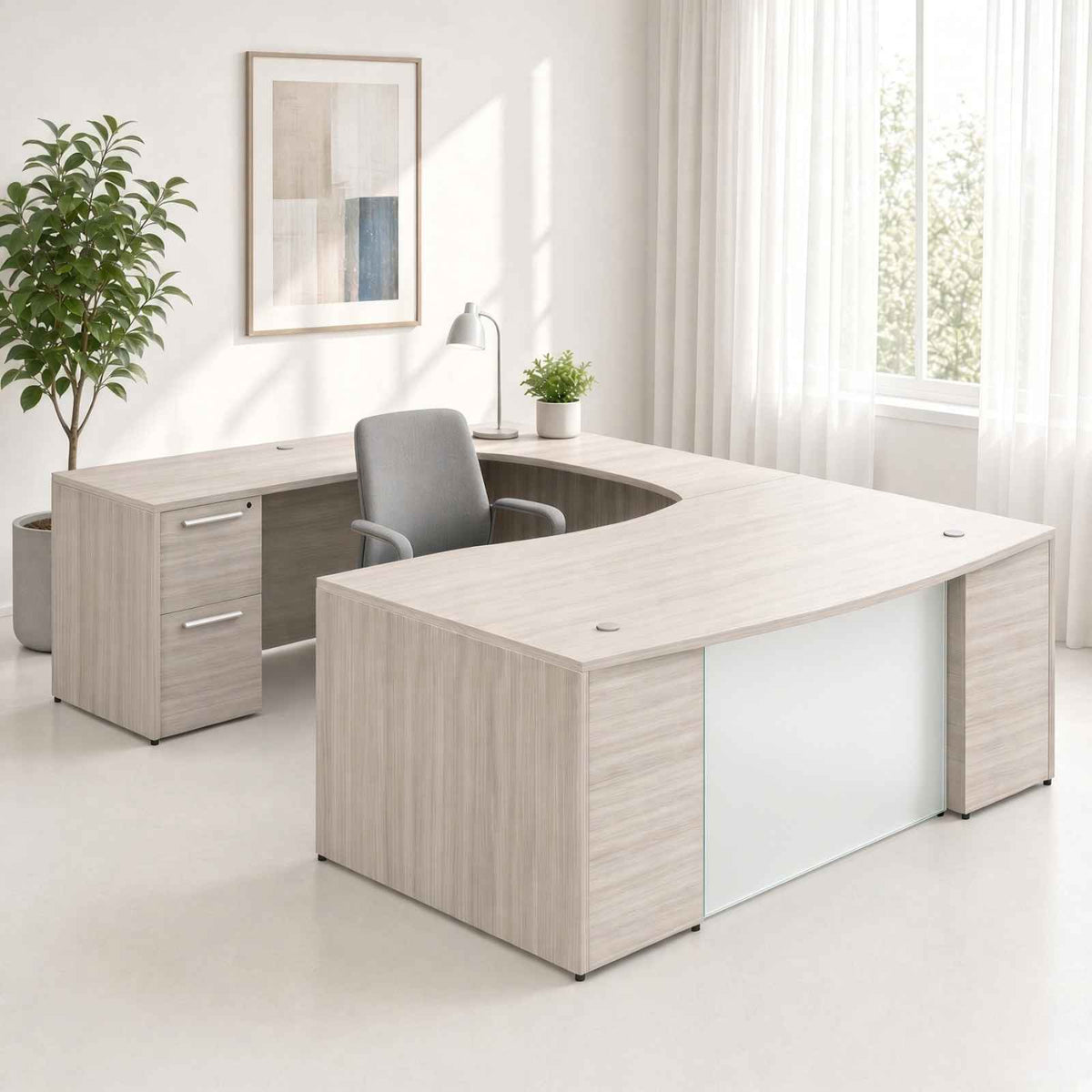 Santa Monica Bow Front U-Shaped Executive Desk With Glass Modesty Panel