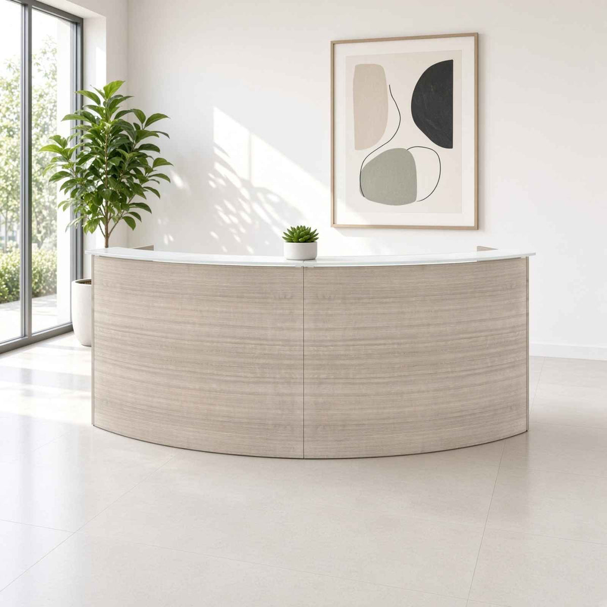 Santa Monica Curved Reception Desk with White Glass Top