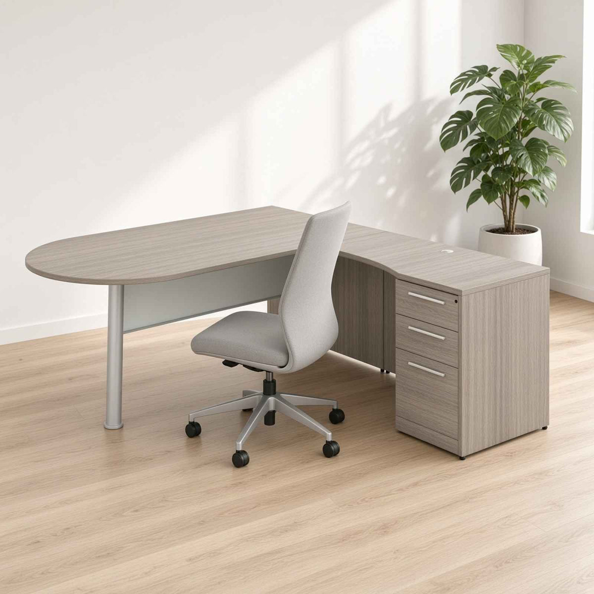 Santa Monica L-Shaped Bullet Desk with Glass Modesty Panel