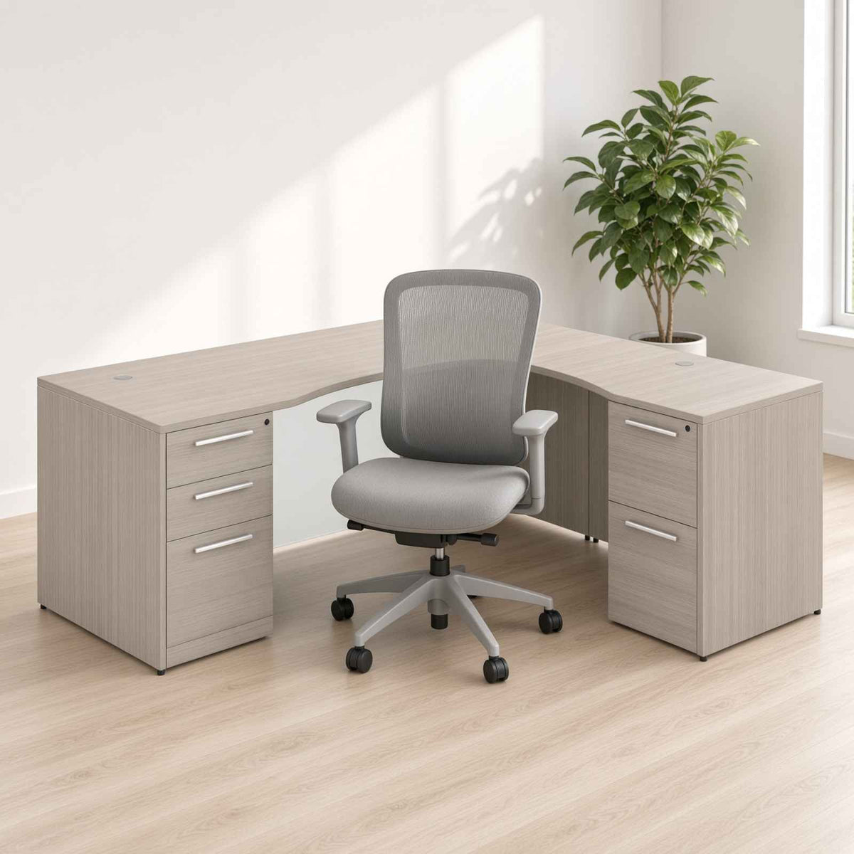 Santa Monica L-Shaped Executive Desk with Glass Modesty Panel