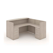 Santa Monica l-shaped reception desk with laminate transaction counter, three-quarter front view on white background
