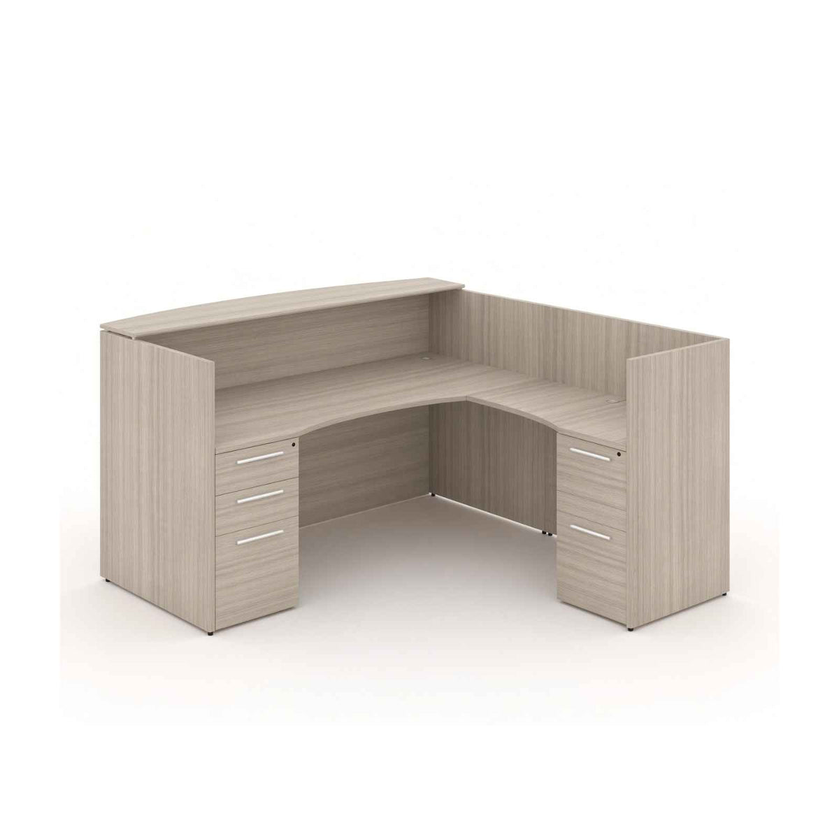 Santa Monica l-shaped reception desk with laminate transaction counter, three-quarter front view on white background
