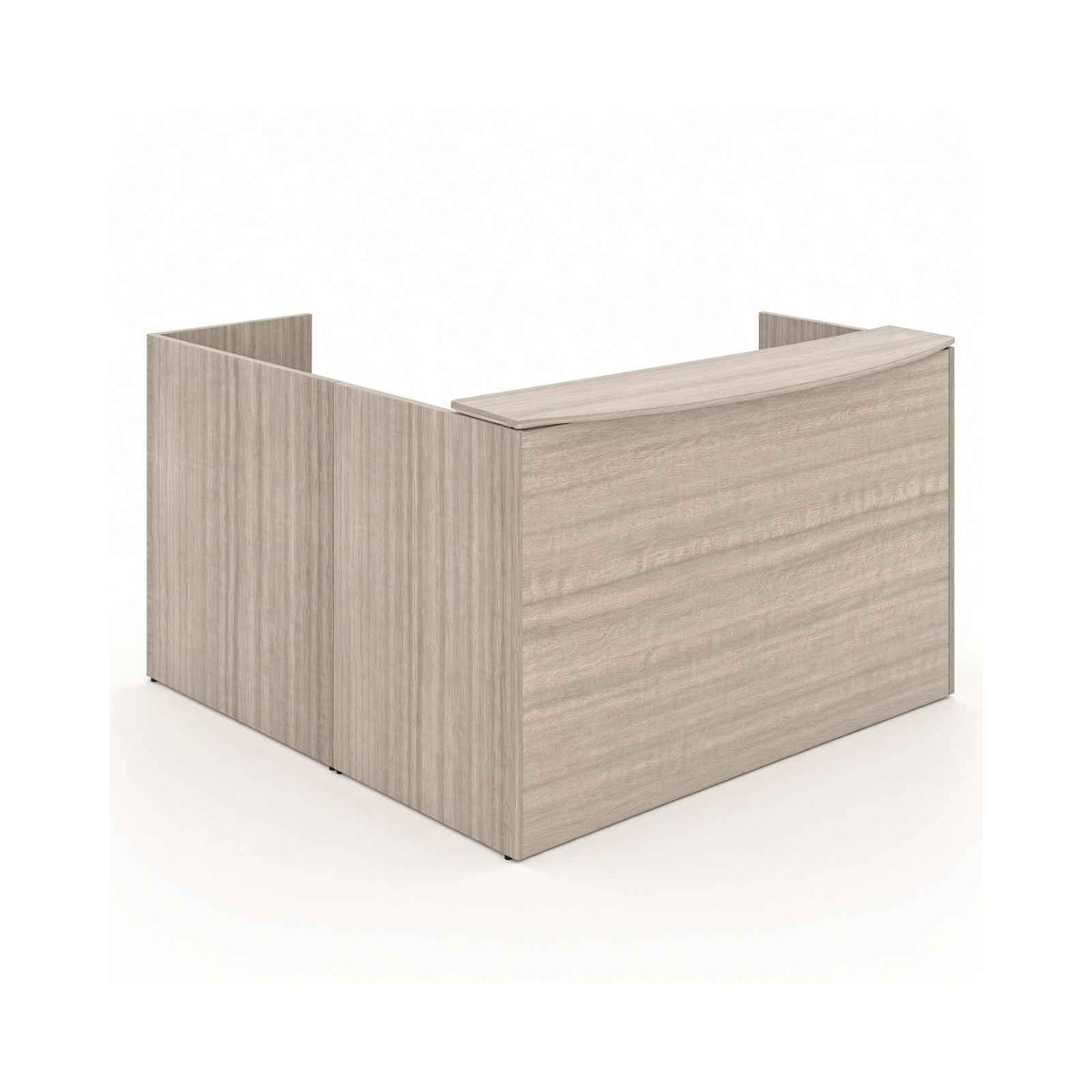 Santa Monica l-shaped reception desk with laminate transaction counter, straight-on front view on white background
