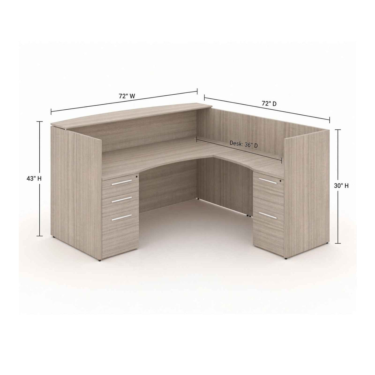 Santa Monica l-shaped reception desk with laminate transaction counter, dimensions and overall measurements
