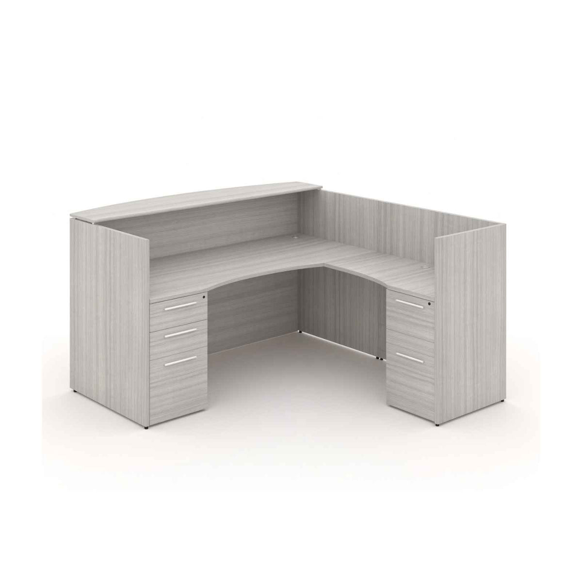 Santa Monica l-shaped reception desk with laminate transaction counter in Santa Monica blanc le gris white background