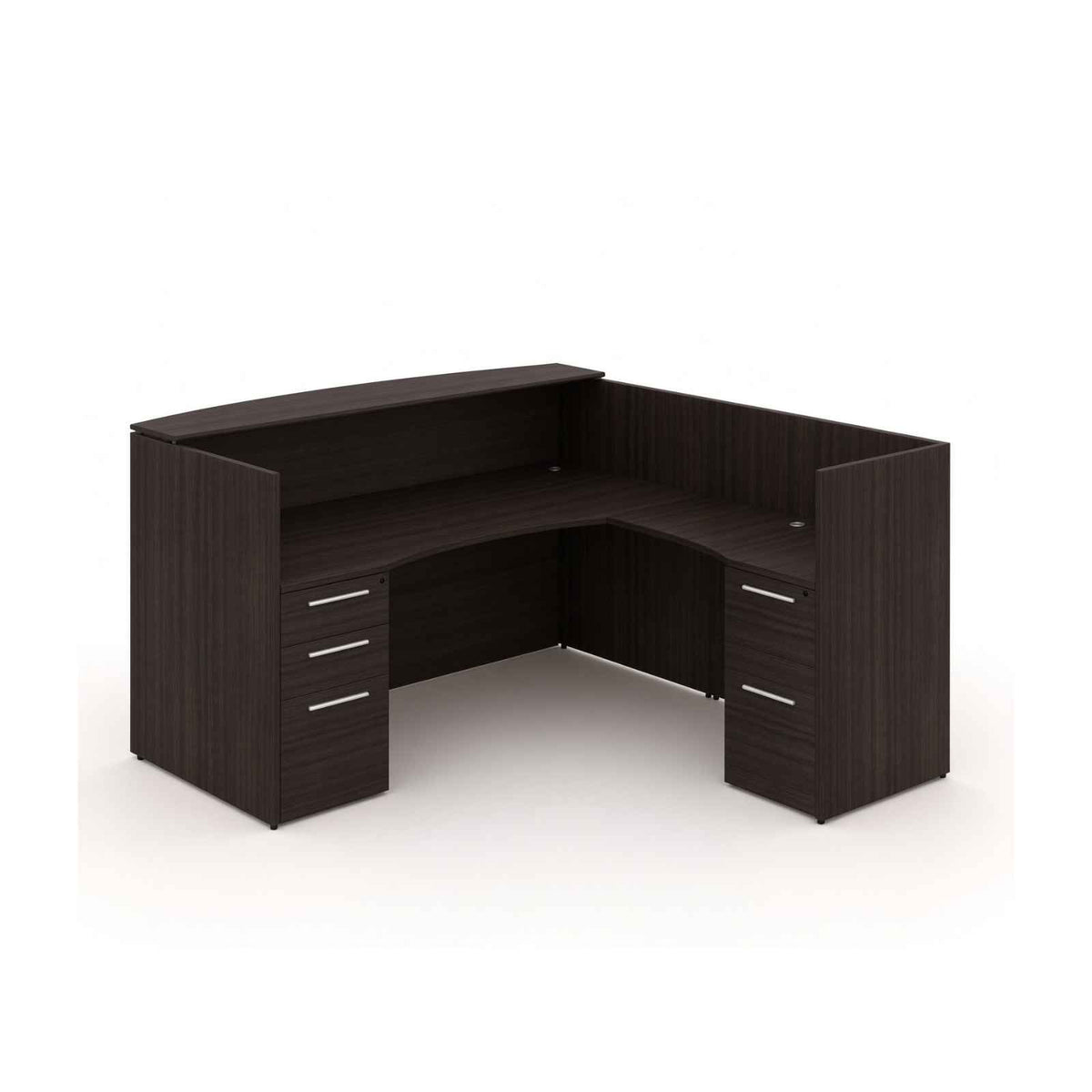 Santa Monica l-shaped reception desk with laminate transaction counter in Santa Monica espresso white background