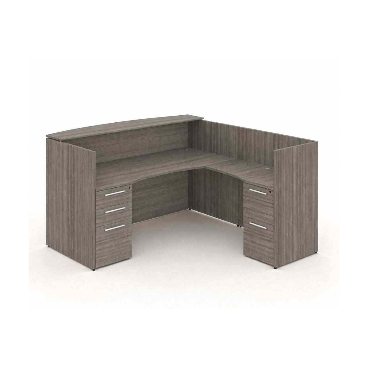 Santa Monica l-shaped reception desk with laminate transaction counter in Santa Monica grey white background
