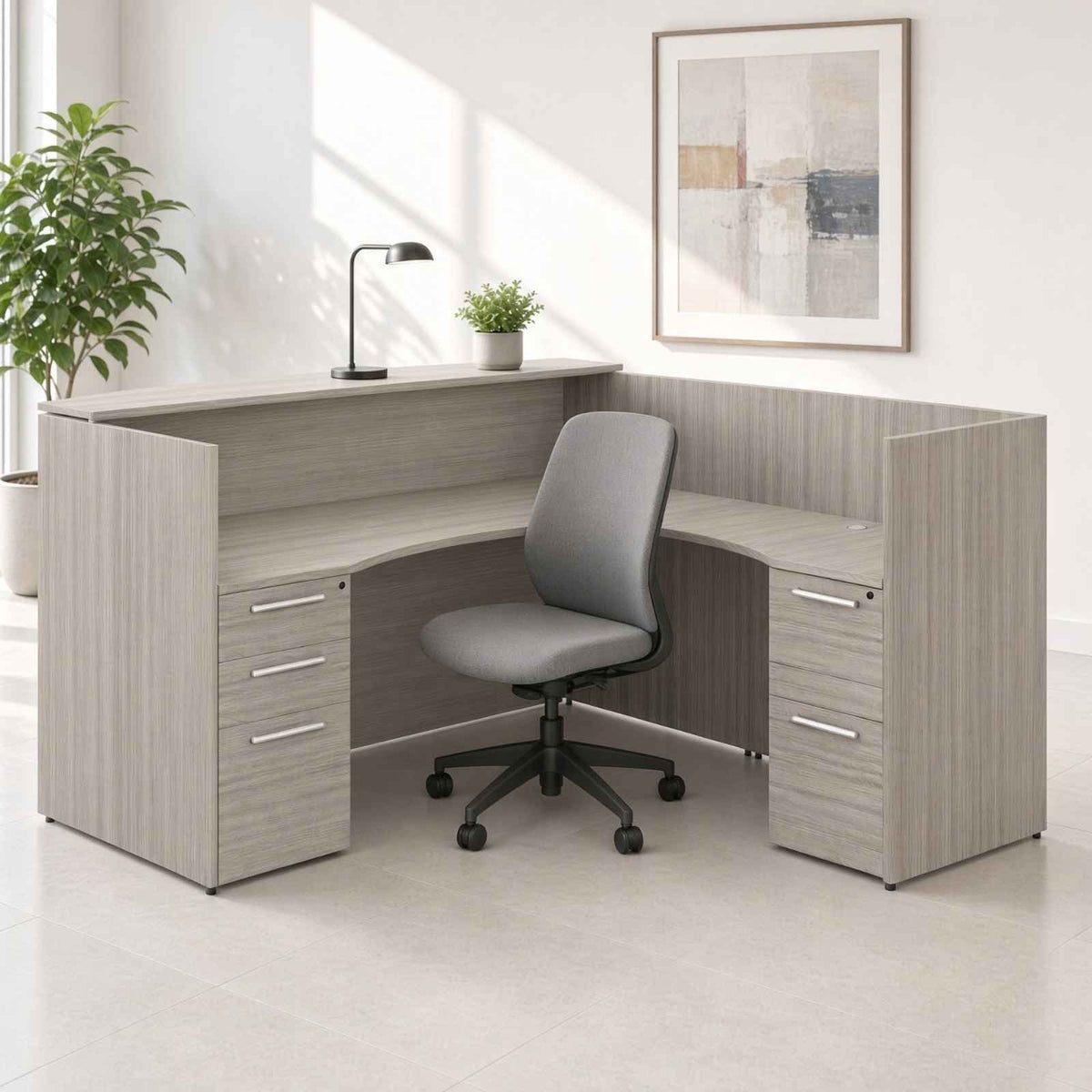 Santa Monica l-shaped reception desk with laminate transaction counter styled in an office setting
