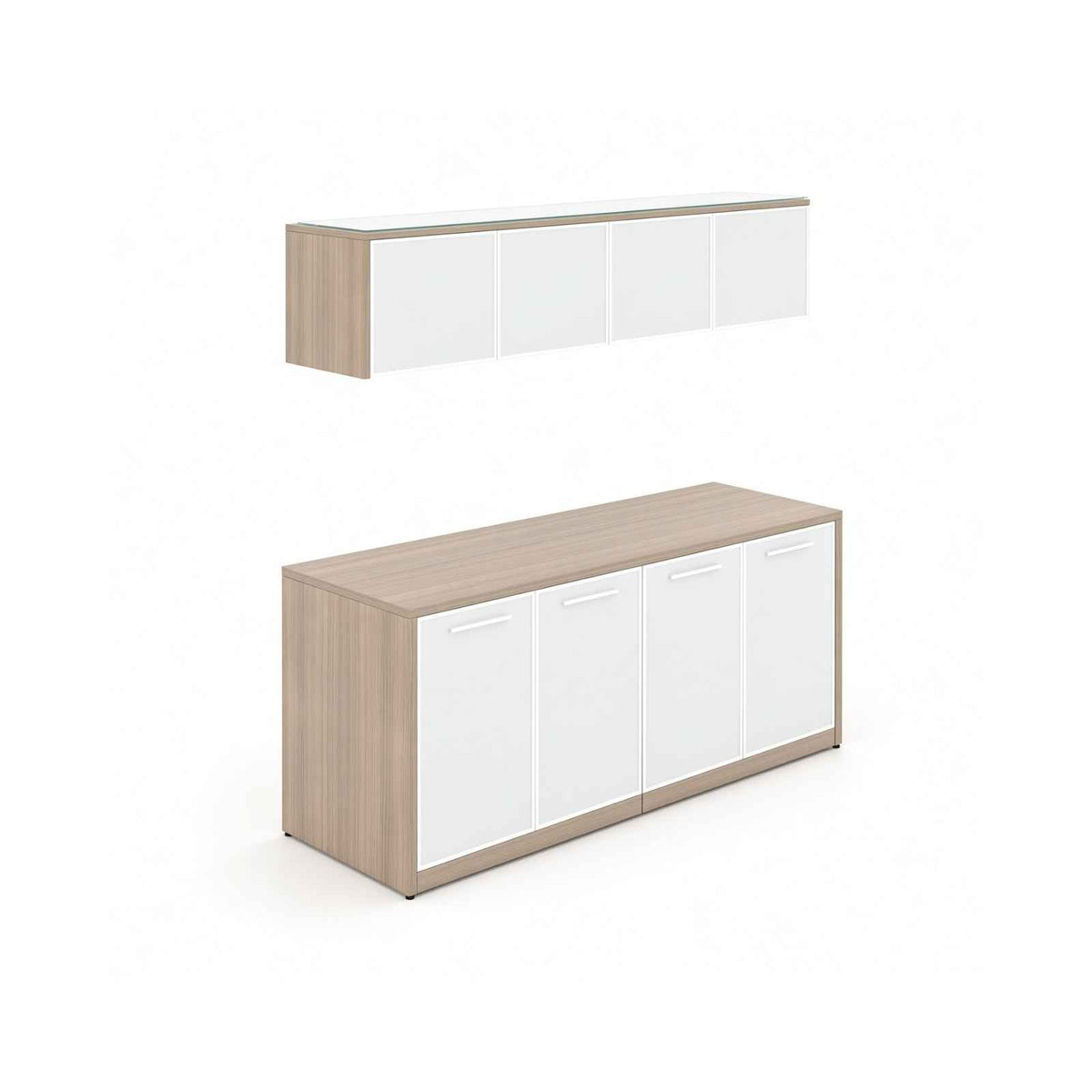 Santa Monica Wall Mounted Hutch & Double Credenza with Glass Doors