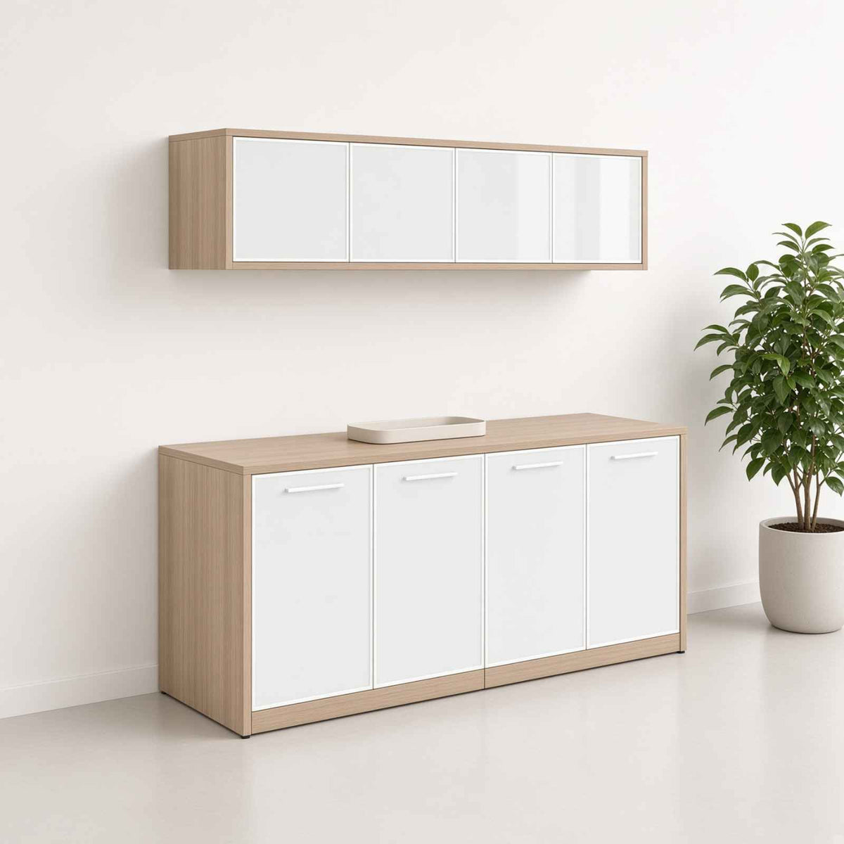 Santa Monica Wall Mounted Hutch & Double Credenza with Glass Doors