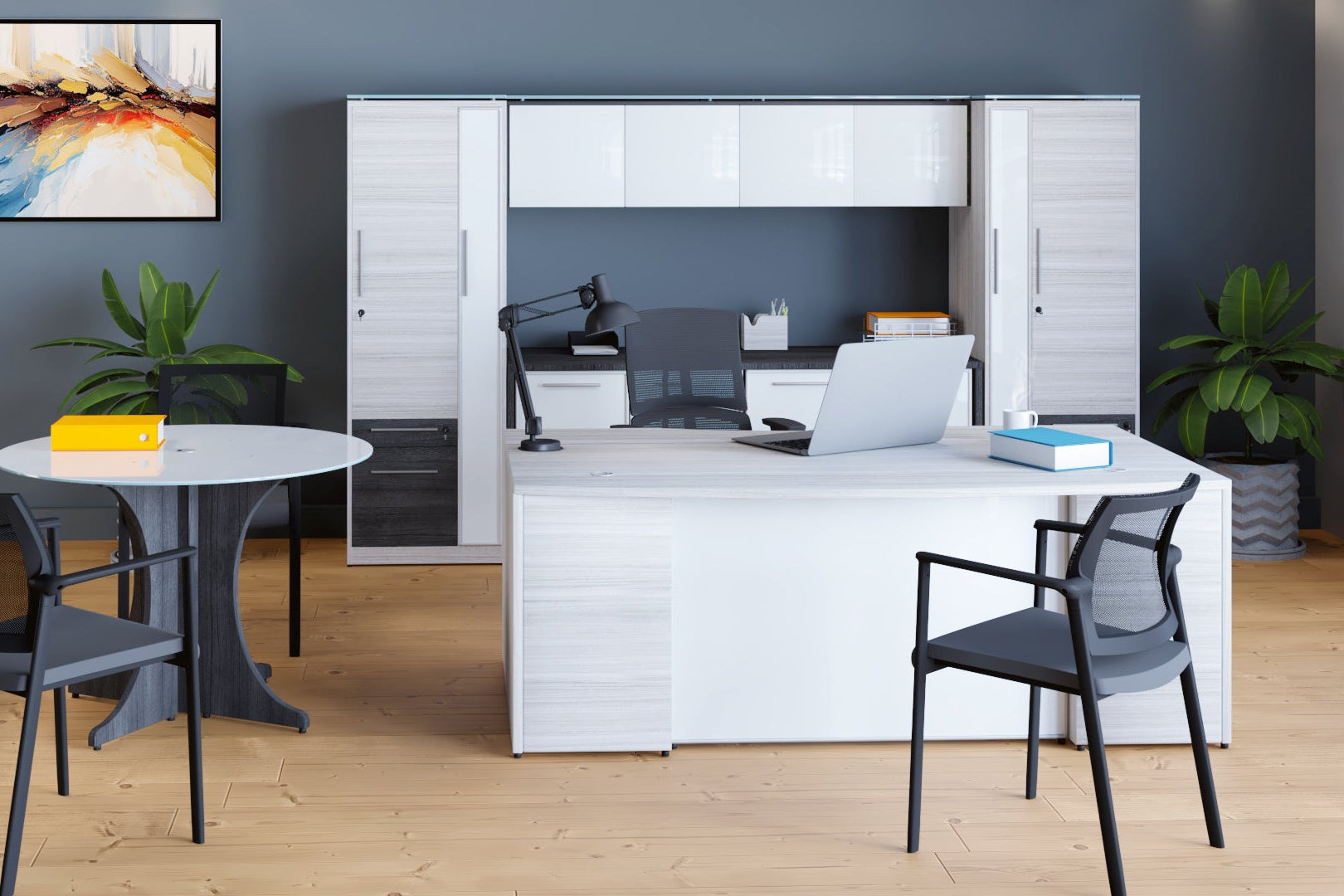 Santa Monica 72" Wall-Mounted Hutch with White Glass Doors