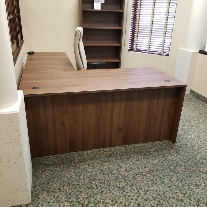 Bellagio Walnut L-Shaped Desk | 30"x66"  | 24"x48" - Freedman's Office Furniture - Front View