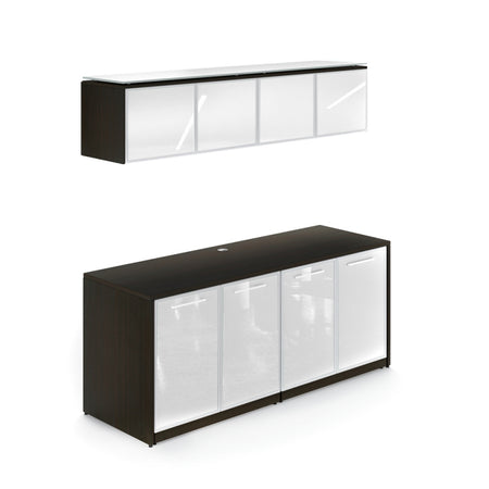 Santa Monica Wall Mounted Hutch & Double Credenza with Glass Doors - Freedman's Office Furniture - Espresso